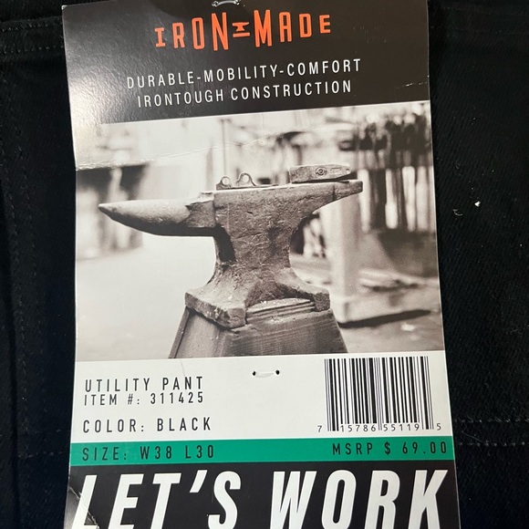 Iron Made Men’s Utility Black Pants. NWT w/Tag Size Defect. Actual Size 42x31 - Picture 1 of 7